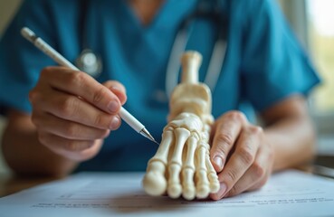 Doctor uses anatomical foot model for medical consultation. Physician points with pen to bones, explaining diagnosis, treatment options in clinic office. Health care pro demonstrates foot anatomy for
