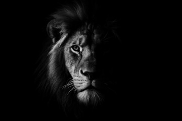 A powerful and mysterious black and white portrait of a majestic male lion, his face emerging from the deep shadows with an intense gaze