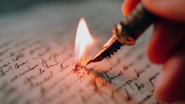 Antique handwritten script with flaming quill pen