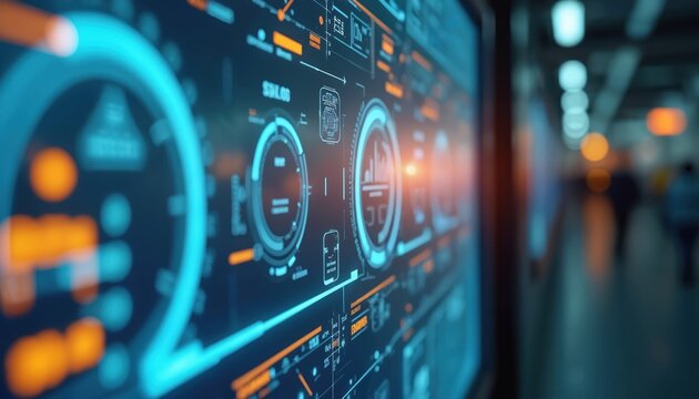 AI powered energy efficient system monitors climate control for large commercial buildings. Futuristic interface with data graphs, controls suggests smart building technology, optimizing temperature