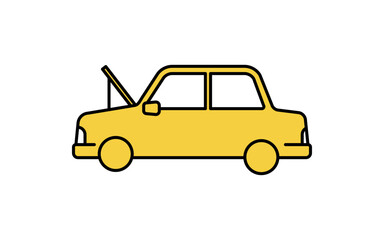 ボンネットを開けたセダン車、シンプルでかわいい線画アイコン
