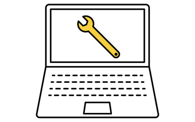 車のオンライン診断イメージスパナマークとノートパソコン、シンプルでかわいい線画アイコン