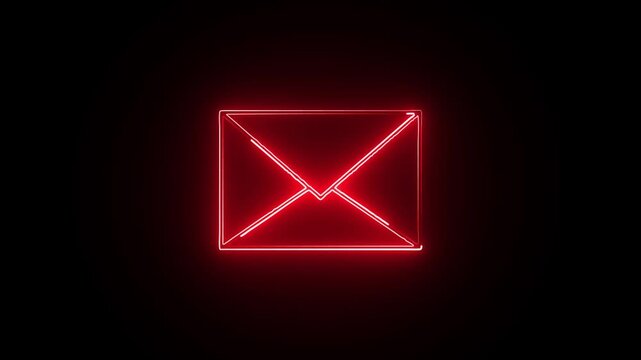 red Neon Mailbox Icon on Dark UI. Futuristic red Neon Envelope Symbol Animation. red Neon Glowing Mail Icon on Black Background.