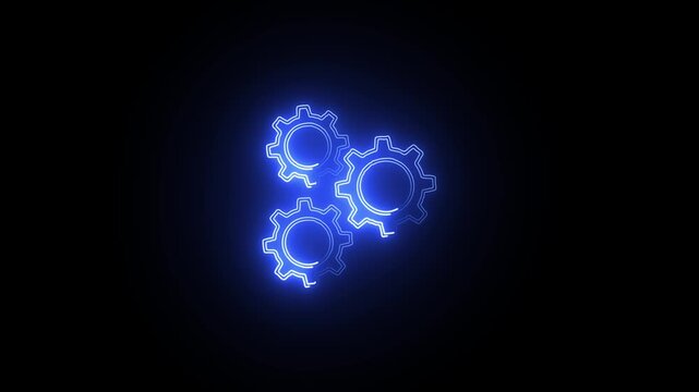 blue Neon Three Gears in Motion &ndash; blue Glow Effect. blue Neon icon of three gears working together glowing on a black background. Glowing blue Neon Gears.