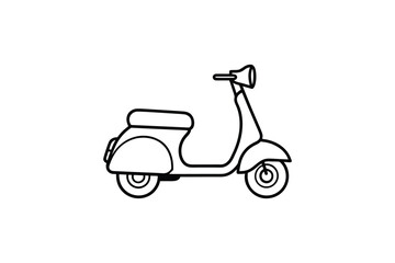 Simple hand drawn outline of a classic vintage scooter in a clean black and white silhouette style on a white background