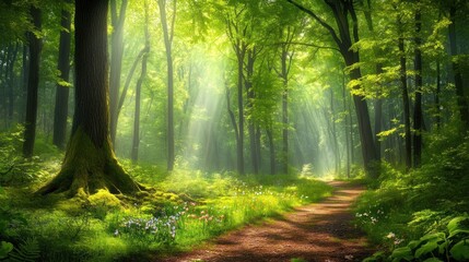 Fototapeta premium Sunlight streams through lush forest path