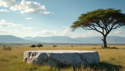 Empty rough stone pedestal on grassy savanna plain. Distant mountains and acacia trees under blue sky with clouds. African landscape background for product display or natural themes.