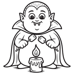 Cute Baby Vampire Toasting Marshmallows by Candlelight – Kawaii Halloween Coloring Page for Kids