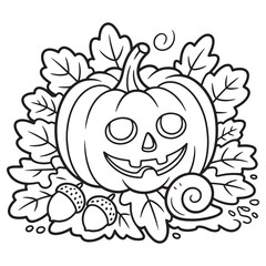 Pumpkin Surrounded by Leaves and Acorns – Cute Autumn Harvest Halloween Coloring Page