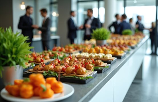 Catered event presents delightful selection of appetizers, snacks arranged on buffet table in modern office setting. Vibrant atmosphere suggests pro gathering focused on networking, client