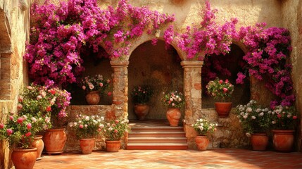 Fototapeta premium Flower-filled courtyard with arches