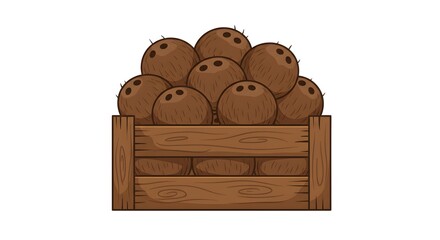 Pile of Ripe Brown Coconuts in Rustic Wooden Crate