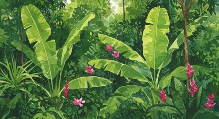 Lush Tropical Jungle Painting with Vibrant Greenery and Exotic Pink Flowers bringing the beauty of the rain forest