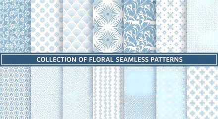 A versatile collection of elegant light blue floral and geometric seamless patterns for backgrounds and design