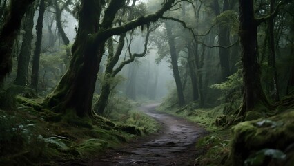 Fototapeta premium Misty Forest Pathway Lined with Moss-Covered Trees