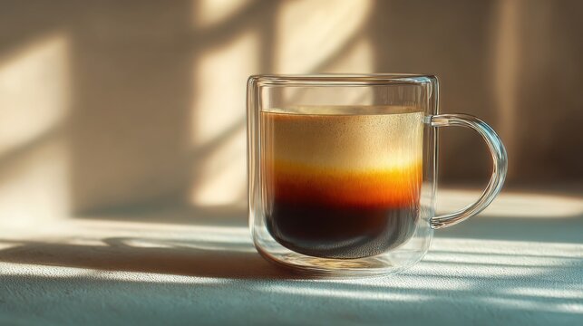 The layered coffee drink in a glass mug sits bathed in morning sunlight, creating beautiful shadows and highlighting the different shades of the beverage within.