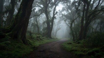 Obraz premium Misty Forest Pathway Lined with Moss-Covered Trees