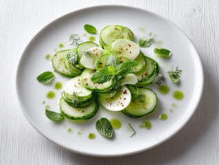 Sliced cucumber salad with herbs and dressing served on white plate

