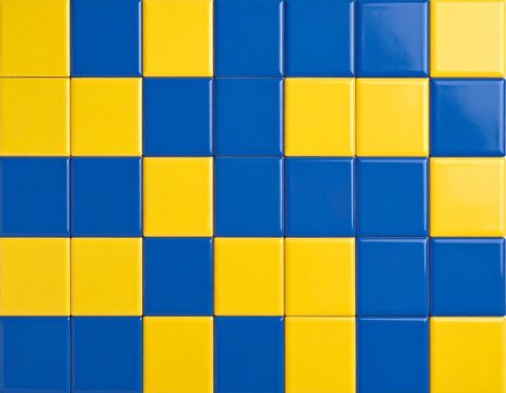 Dynamic interplay of vivid yellow and cool blue ceramic tiles creating a bold mosaic design