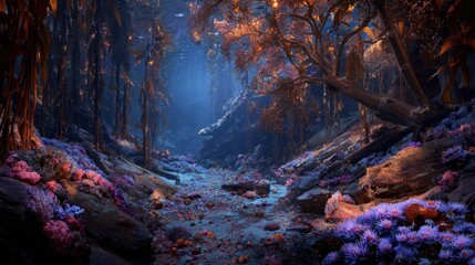 Fantasy forest path, vibrant colors