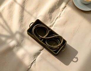 Black Rope Coil Crafted Case with Wooden Table Backdrop