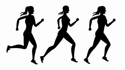 Three silhouette figures of women running with ponytails and athletic builds in black color scheme