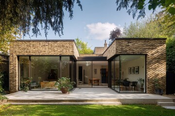 Modern architectural design enhances natural light in a spacious home surrounded by greenery in a serene outdoor setting during daytime