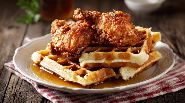 Stunning photo of traditional sweet and savory American dish of crunchy fried chicken and waffles drizzled with maple syrup. Hearty comfort food.