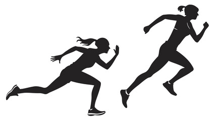 Two female athletes in silhouette running at full speed in a race against each other on white background