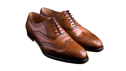 PNG of Elegant brown leather dress shoes with intricate brogue detailing, ideal for formal occasions.