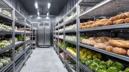 Stunning photo of walk-in industrial refrigerator with rows of neatly arranged produce and bread, clean and organized, stainless steel shelving, large-scale food storage solution.