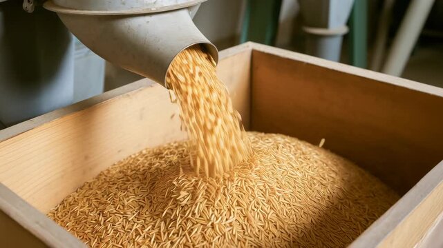Rice grain flowing from pipe and metal chute into wooden container at rice mill production facility with agriculture grain processing and harvest