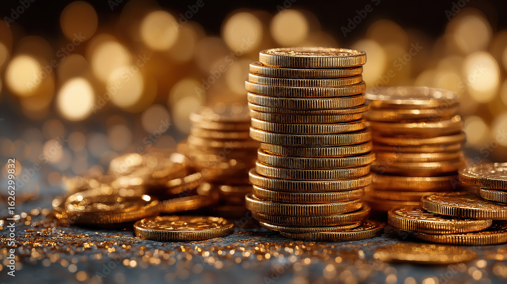 Poster shiny gold coin stacks with soft golden bokeh background symbolize wealth and finance