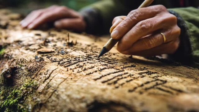 Carving into a tree trunk