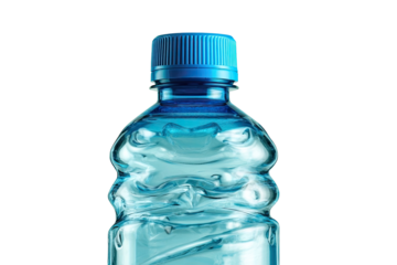 Close-up of a clear plastic water bottle.  Blue cap.  Textured body