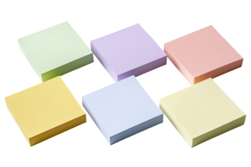Six pastel-colored sticky notes arranged in a diamond pattern