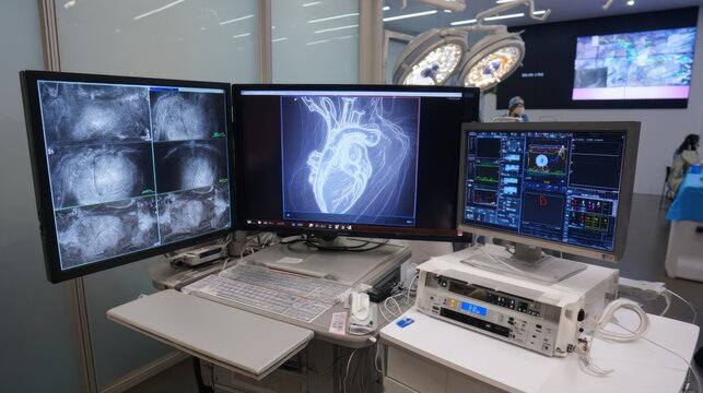 A medical trolley with three monitors, a keyboard and medical equipment. The screens show heart and body scans, as well as vital signs of a patient. A surgical room is in the background