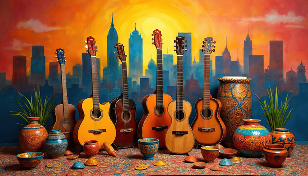 Vibrant display of acoustic guitars, traditional percussion instruments set against colorful cityscape backdrop. Visual celebrates cultural diversity, musical expression, perfect for music festivals, - Powered by Adobe