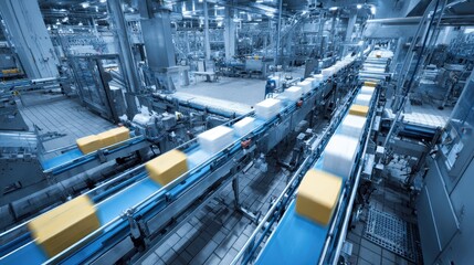 Stunning photo of automated packaging line sealing products in modern food processing plant.