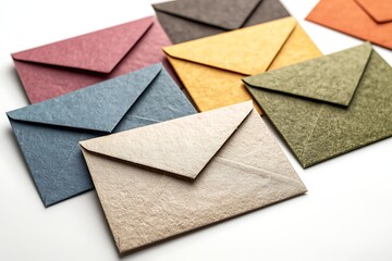 Assorted colorful envelopes stack, texture paper envelopes for invitation on white