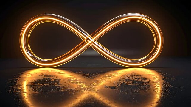 Glowing golden infinity symbol on dark background, reflecting light