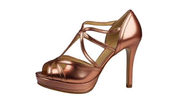 Rose gold metallic strappy platform stiletto heel isolated on transparent background