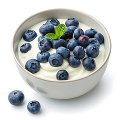 Bowl of creamy yogurt topped with fresh blueberries and mint