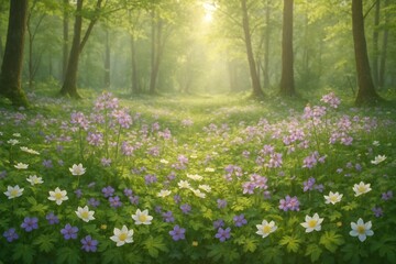 Obraz premium Enchanting Forest Glade Bathed in Golden Sunlight, Adorned with Wildflowers and Lush Greenery