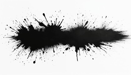 Abstract black ink splash on white background, featuring grunge texture. Ideal for creative design elements, banners, posters, decorative backgrounds. Provides messy, dripped brush stroke effect for