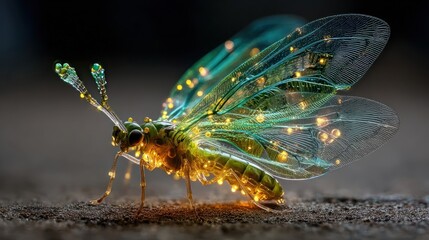 Luminous insect with intricate veined wings glows against a blurred textured background