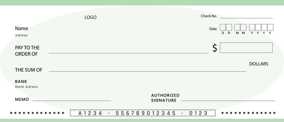 Blank bank cheque. Personal desk check template with empty field to fill