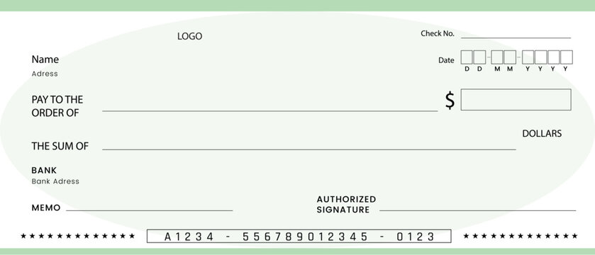Blank bank cheque. Personal desk check template with empty field to fill