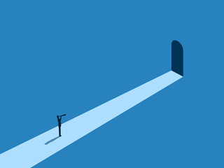 Businessman looks at a dark door. Looks at the risk
