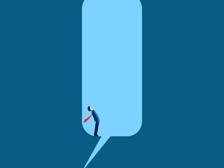 Looking for a way out of his preconceived notions, the businessman looks up into a deep speech bubble